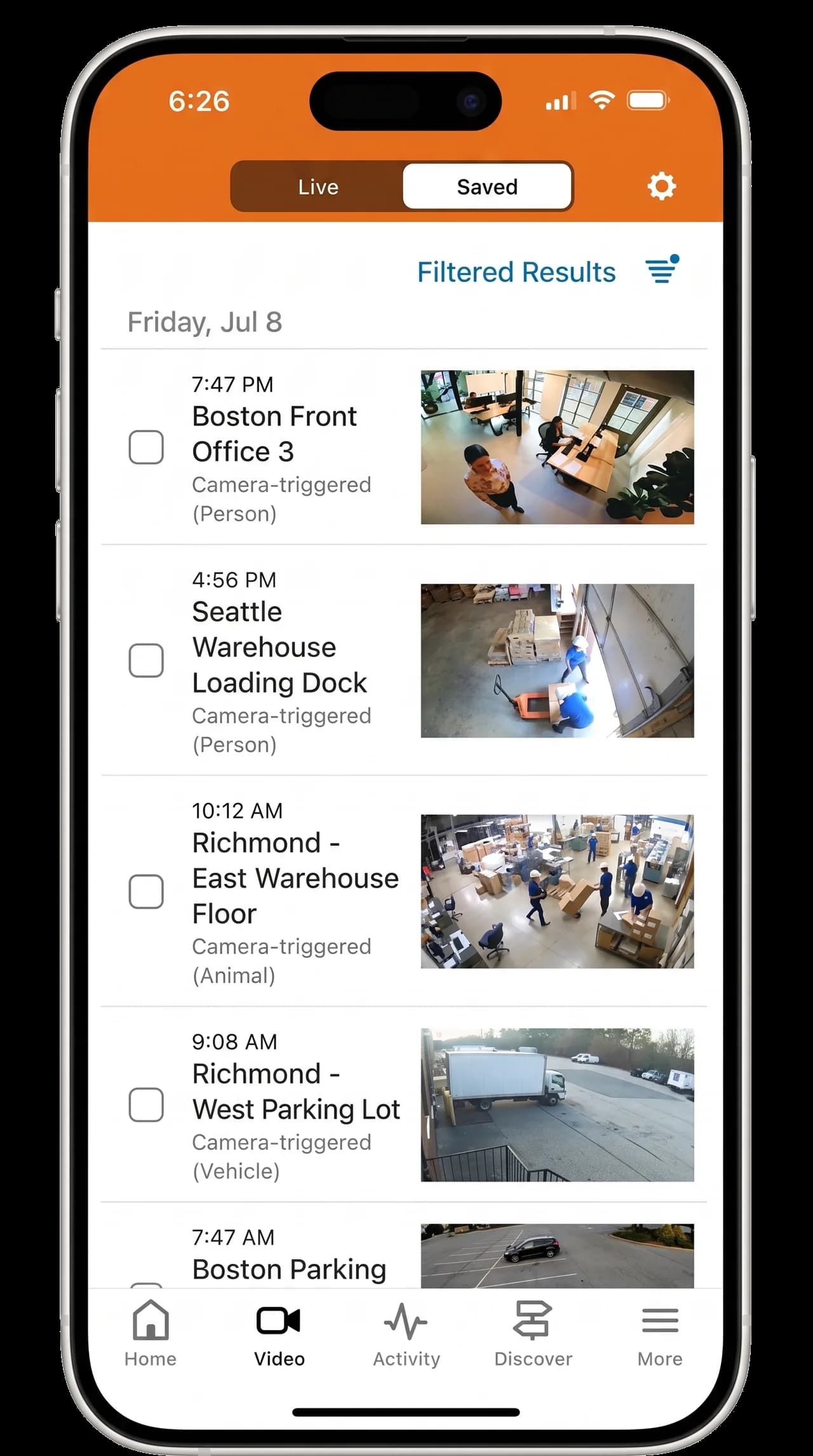 The app's saved video clips filtered across Boston, Seattle, and Richmond locations