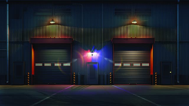 A warehouse loading dock at night, quietly lit and under watch