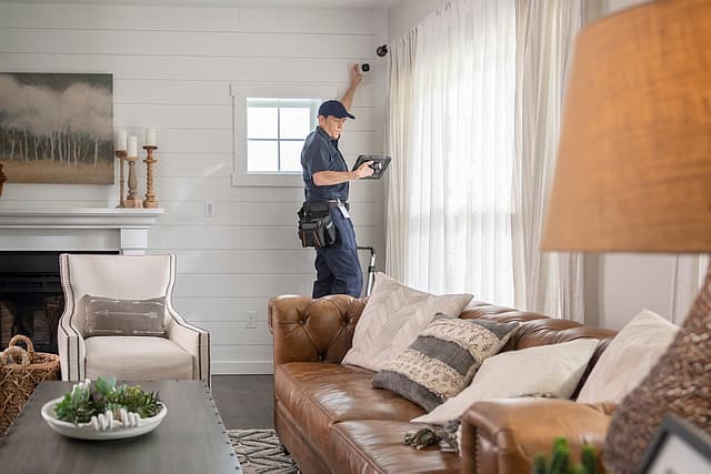 An Atlantic technician installing a ceiling camera in a living room