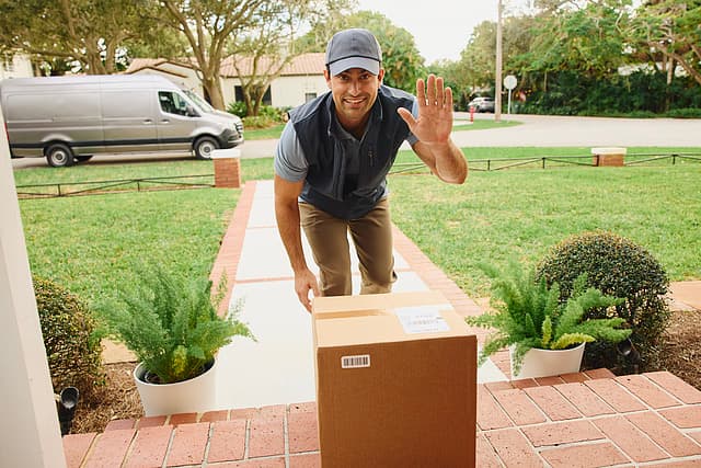 A delivery driver waving at a smart video doorbell