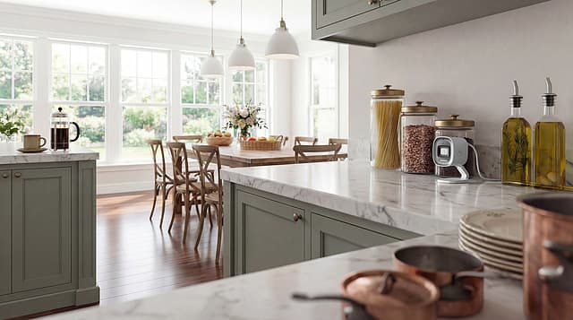 A bright kitchen watched over by a discreet smart camera