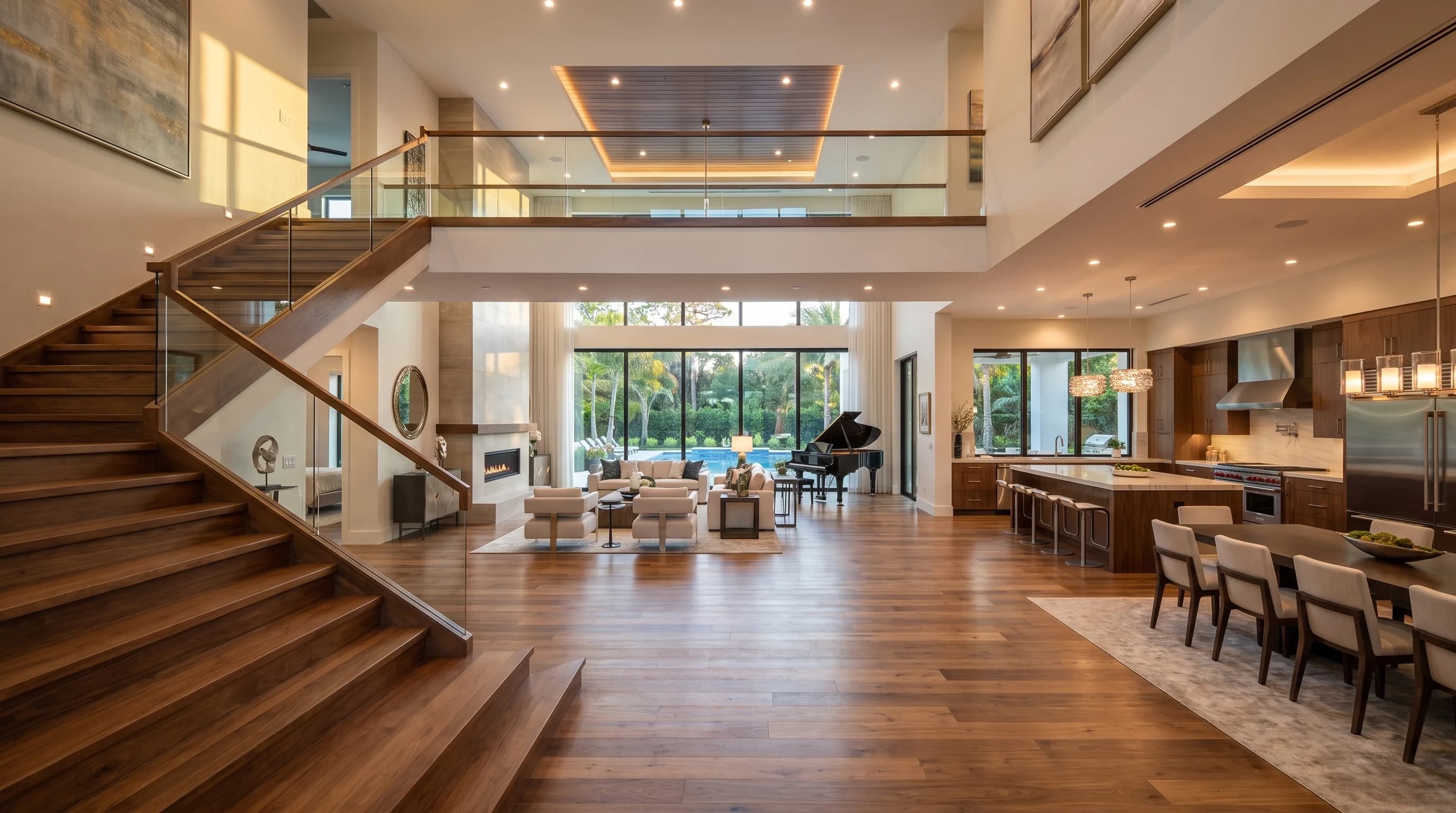 A two-story great room with a floating staircase, open to the kitchen and the pool beyond