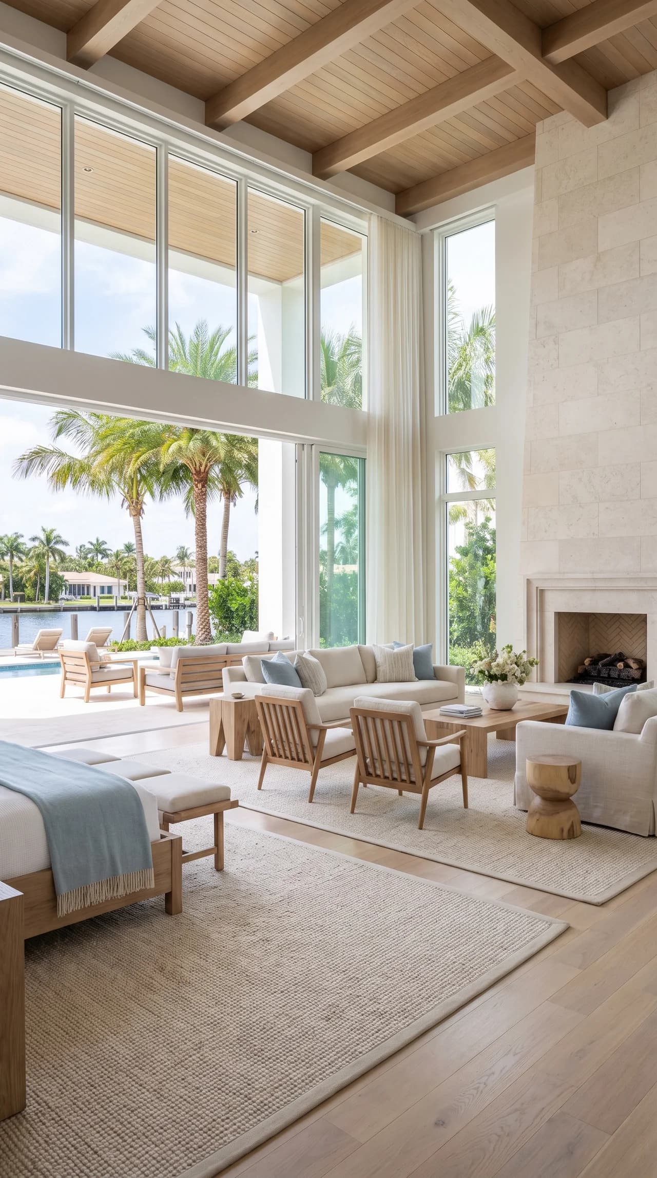 A coastal-style living area with a stone fireplace and vaulted wood ceiling, opening onto a pool and palm-lined waterway