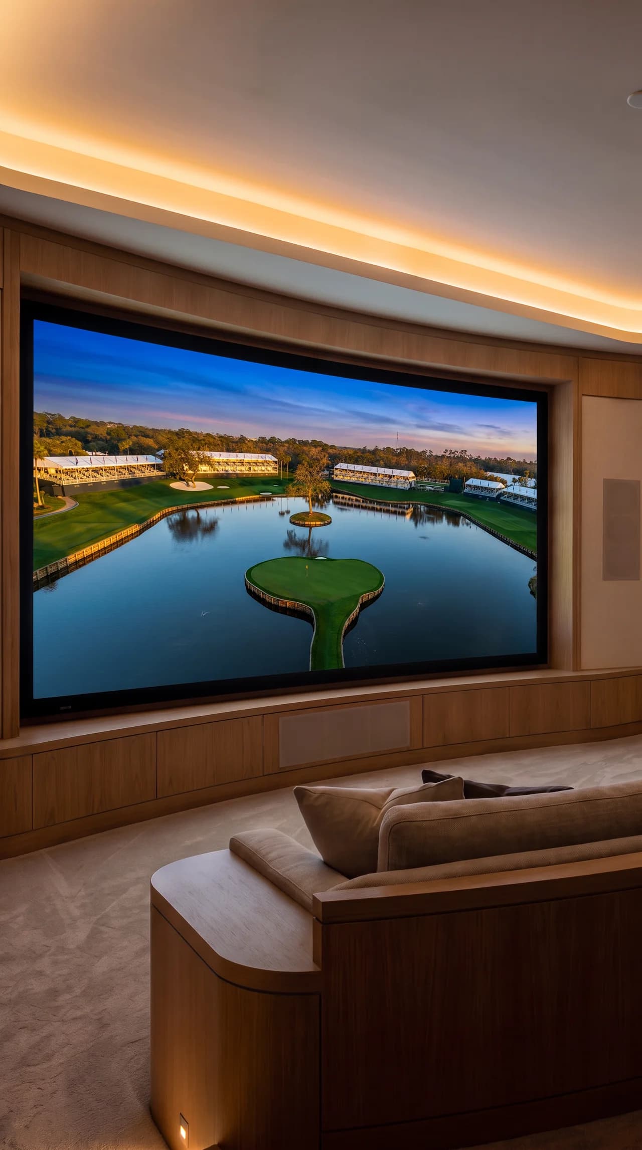 A curved home theater with a motorized screen and cove lighting