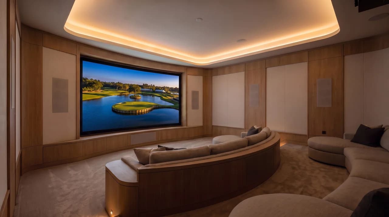 A curved home theater with a motorized screen and cove lighting